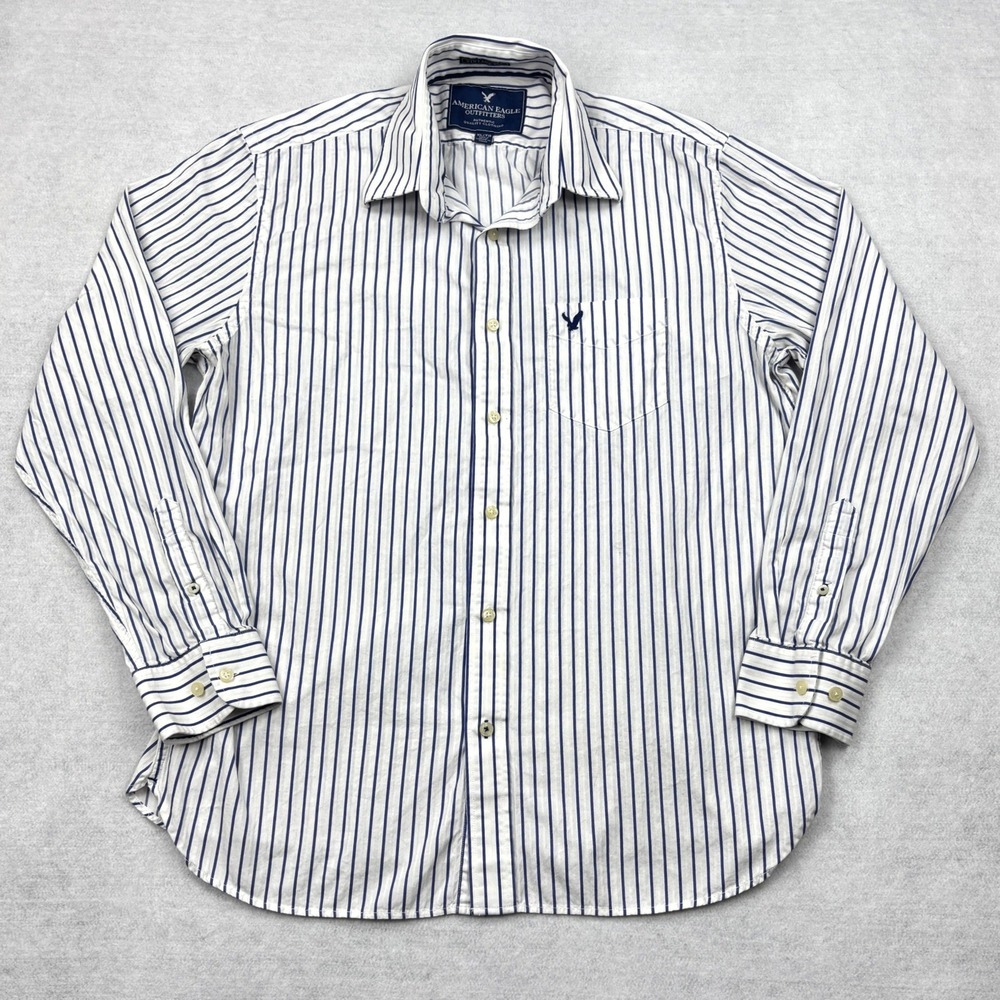 American Eagle Shirt Mens XL Vintage Fit Blue White Striped Cotton Button Down